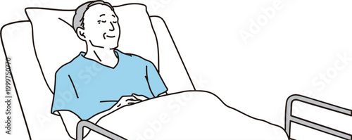 病院のベッドで横になる高齢男性のイラスト