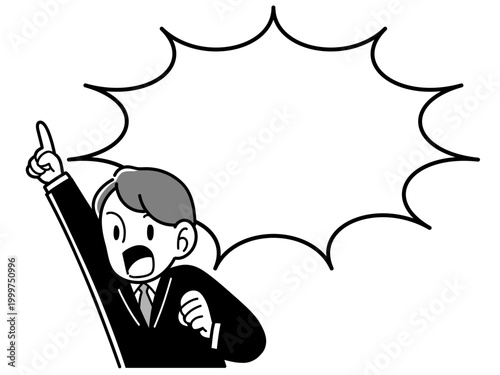 Bilde på lerret Monochrome half length illustration of an energetic young man pointing up with a