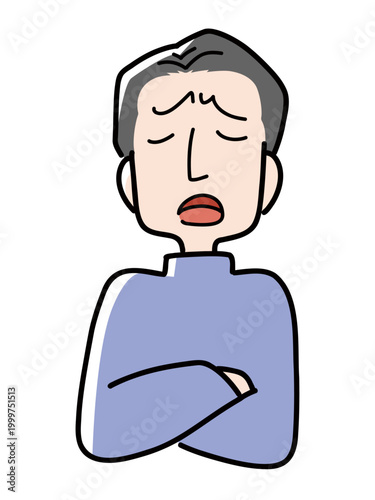 Upper body illustration of a middle-aged man crossing his arms and looking hesitant with his eyes closed