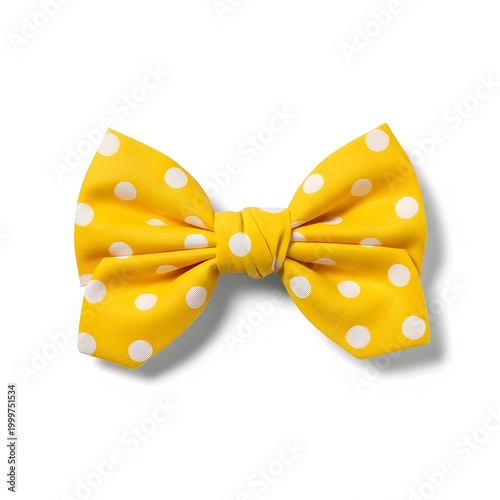 Yellow polka dot bow tie on white background with soft shadow luxury accessory.