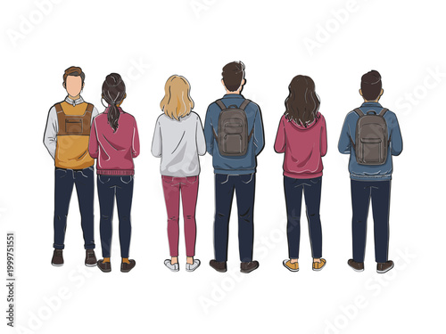 Group of diverse students standing in a row wearing backpacks and casual clothes.