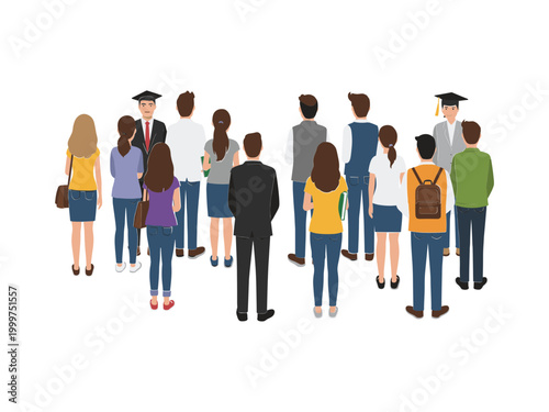 Group of diverse students standing together back view illustration.