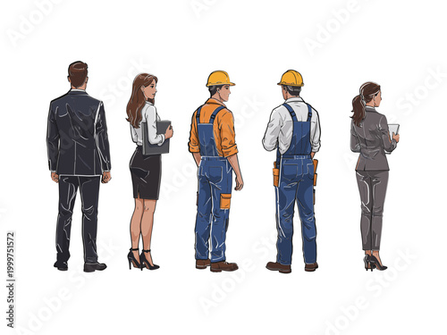 Group of professional business people and construction workers standing in a row.