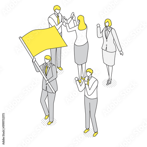 旗を掲げて喜ぶビジネスチームのアイソメトリック線画イラスト