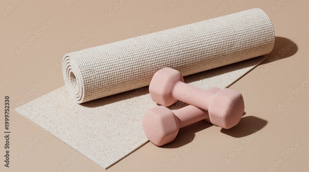 Obraz premium Wellness and fitness lifestyle yoga mat and dumbbells for exercise home workout routine healthy habits and self-care sport equipment on beige background. High quality photo