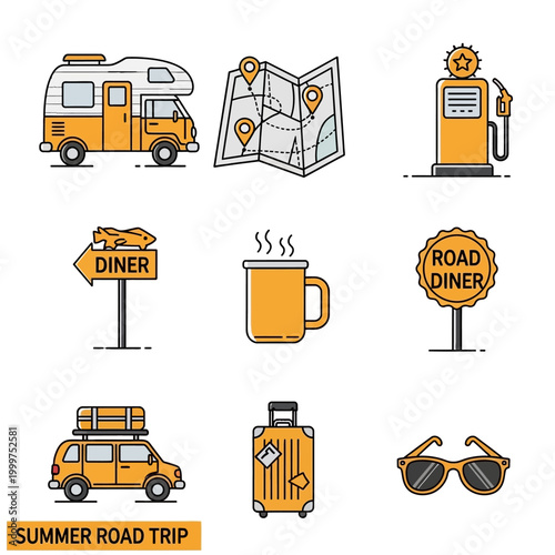 Summer road trip travel vacation icons.