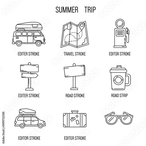 Summer Trip Vacation Icon Set.
