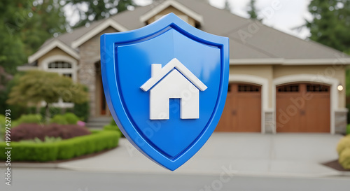 Blue protective shield icon positioned before a contemporary residential suburban house with a garage, symbolizing home warranty coverage, real estate security, and property insurance protection.
