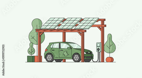 Electric car charging under solar panel carport vector illustration