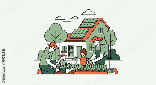 Family gardening outside a sustainable solar powered eco home