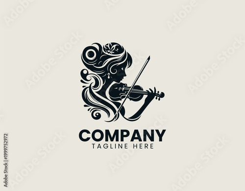 Elegant woman playing violin silhouette in black vector logo design on white background with classical music and artistic performance concept