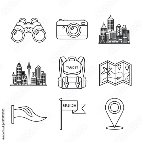 Travel icons with city map guide.