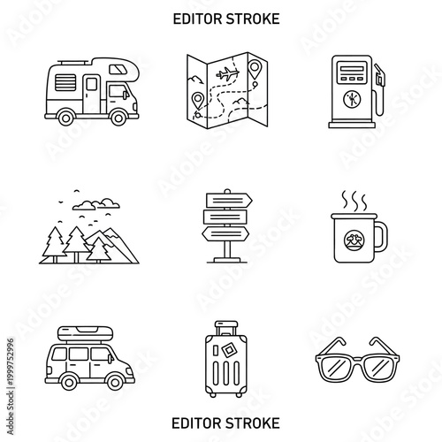 Travel icons with luggage and vehicle.