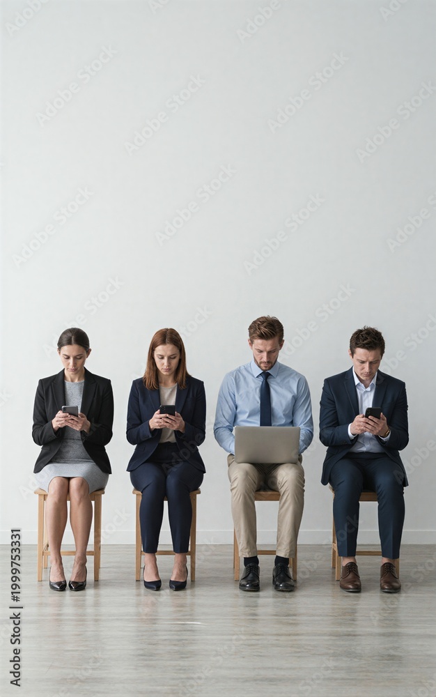 Obraz premium Five professionals sit in line each engrossed in laptops or