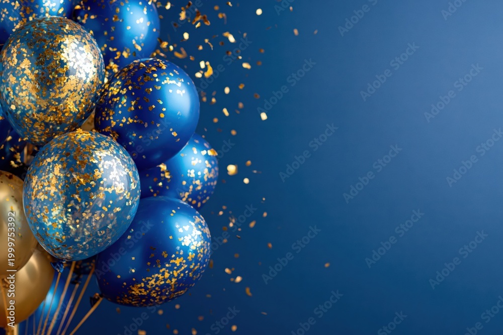 Fototapeta premium Celebration and festive mood blue and gold balloons with confetti for holiday event birthday party anniversary or corporate success against dark blue background. High quality photo