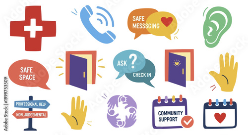 Mental health support and community care icons collection.