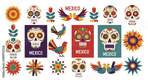 Mexican Day of the Dead Sugar Skulls and Folk Art Elements.