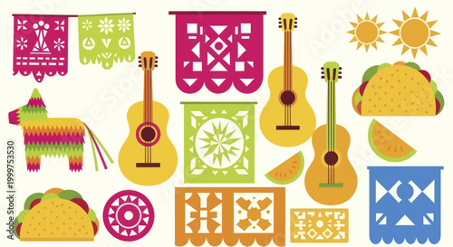Mexican Fiesta Celebration Elements Set with Guitars and Pinata.