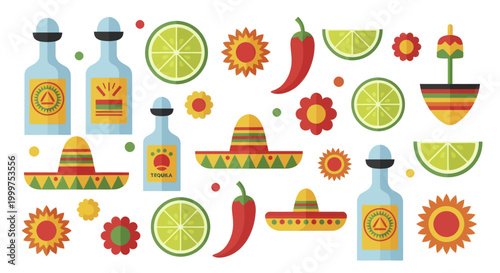 Mexican Fiesta Elements Collection Featuring Tequila Bottles Sombreros and Chili Peppers.