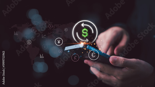 Bild auf Leinwand Financial trader executes global mobile currency exchange with digital transfer