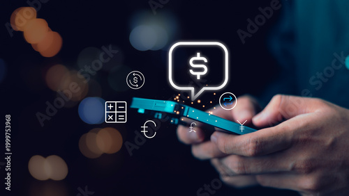 Fintech specialist manages mobile payment transactions with digital wallet interface, currency exchange icons, secure transfer system, financial technology innovation, online banking experience