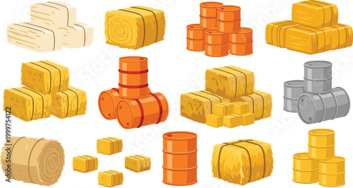 Hay Bale and Barrel Vector Set Featuring Different Haystack and Barrel Designs in Various Shapes and Sizes for Farm and Agriculture Illustrations