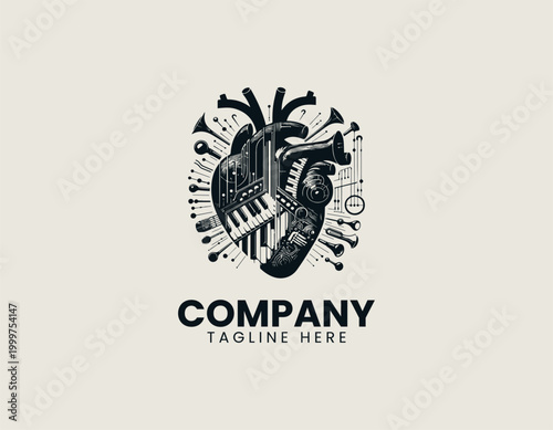 Anatomical heart with musical instruments surreal black vector illustration