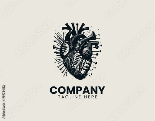 Anatomical heart with musical instruments surreal black vector illustration