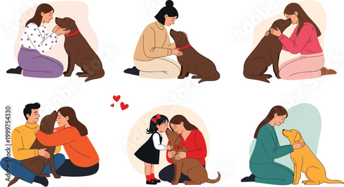 Illustration Set of People and Dogs, Featuring Love and Care Moments with Adults, Children, and Their Pets