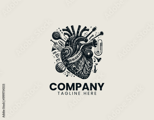 Anatomical heart with musical instruments surreal black vector illustration