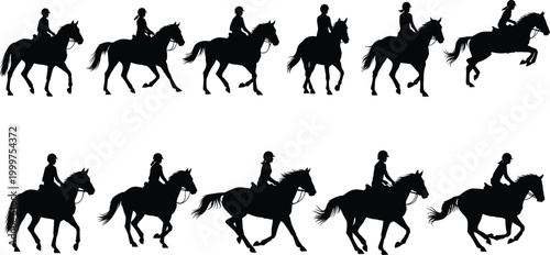 Silhouette Set of Equestrian Riders on Horses in Various Gaits, Walking, Trotting, and Galloping for Sports and Animal Illustrations