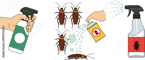 Cartoon Pest Control Illustration Set Featuring Cockroaches, Insecticide Spray, and Household Bug Prevention Designs