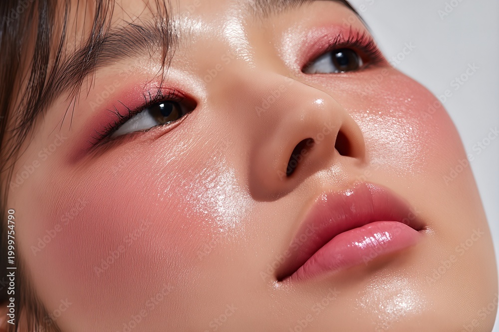 Fototapeta premium Macro beauty portrait of a Korean woman with radiant glass skin showing soft pink blush and eye makeup