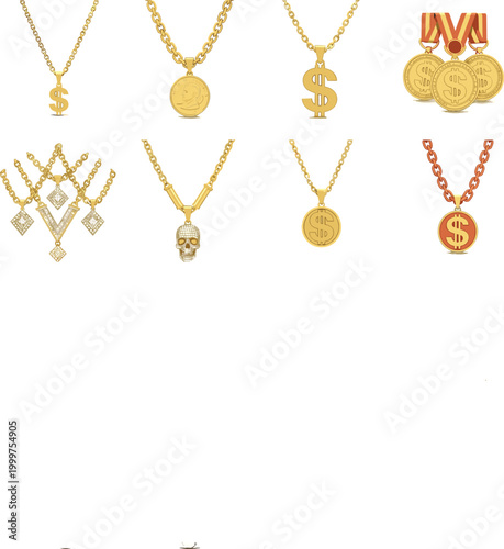 Cartoon Gold Necklace and Pendant Set Featuring Dollar Signs, Medals, Skull, and Chain Designs for Jewelry, Fashion, and Accessory Illustrations