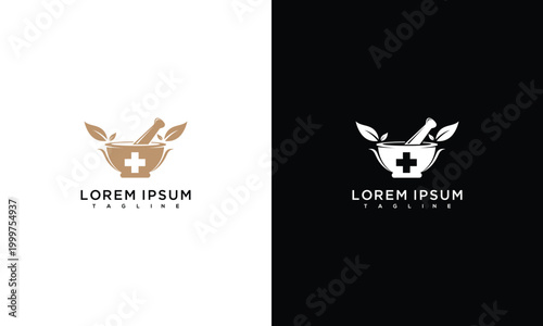 Foto Mortar And Pestle With Medical Cross And Leaves Logo