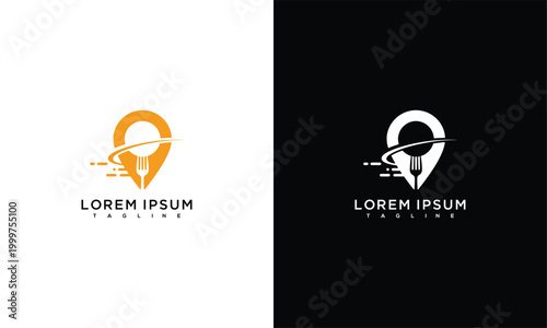 Food Location Pin Logo with Fork and Speed Lines