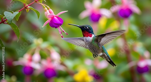 Ruby-throated Hummingbird Hovering Near Fuchsia Flowers in a Lush Garden.