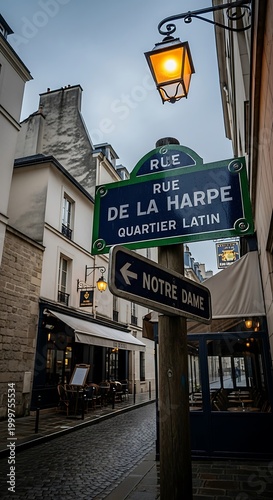 Rue de la Harpe Street Sign in Paris Latin Quarter.