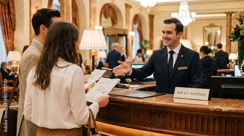 Friendly Concierge Assisting Guests with Information at Reception Desk