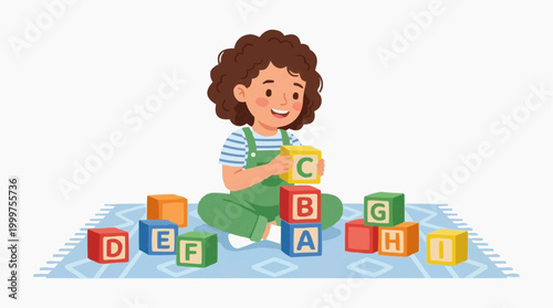 A young child enjoys building with colorful alphabet blocks, their imagination taking flight in a world of learning and creativity. The image radiates a sense of playful innocence.