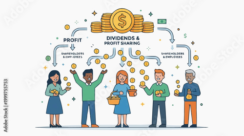 Depicting dividends and profit sharing, illustrate financial prosperity and investor relations, featuring coins and stylized individuals. 