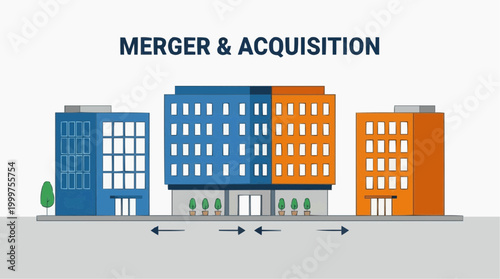 A digital depiction of corporate merger and acquisition concepts visualized with buildings and illustrative arrows, promoting business growth and expansion. 