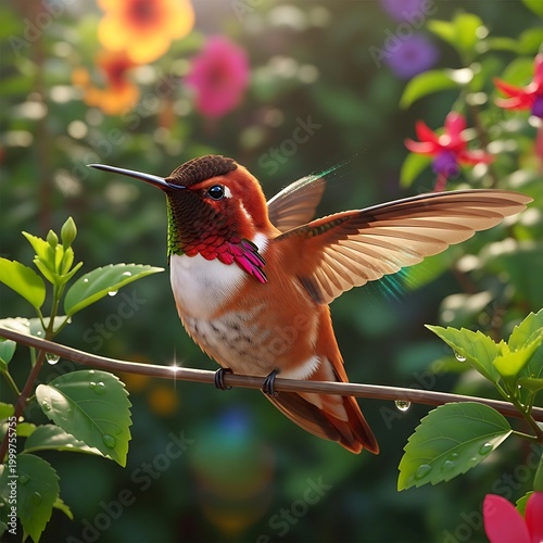 Rufous Hummingbird in a Vibrant Garden Setting.