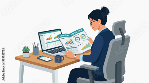 A businesswoman intently reviews financial reports while working at her desk.