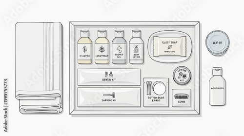 A meticulously arranged assortment of hotel toiletries, perfectly curated for guest comfort, showcasing essential care items.