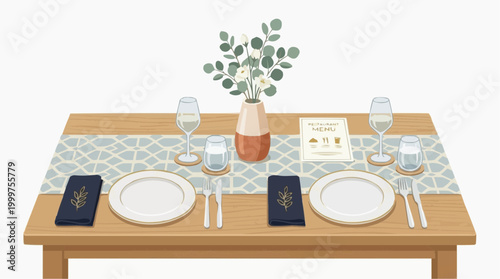 An elegant dining table adorned with exquisite place settings, floral centerpiece, and stylish table décor, creating a sophisticated and inviting ambiance for a special dining experience.