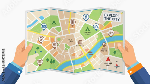 A detailed illustrated city map unfolded, showcasing hand-drawn cityscapes, perfect for travel and tourism, beckoning exploration. 