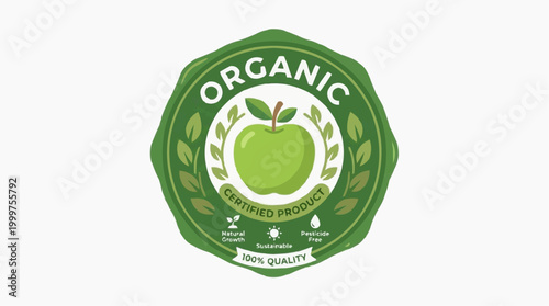 A fresh and appealing organic product seal showcases a green apple, radiating purity and natural goodness, a perfect emblem for health-conscious shoppers.