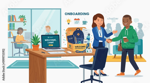 Welcome to the team! A friendly interaction between a manager and a new employee at the onboarding process in a modern office, setting the tone for a positive work environment.