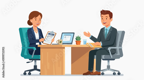 A professional interview scene unfolds, with two individuals engaged in a dynamic exchange. The scene captures an atmosphere of professional settings.